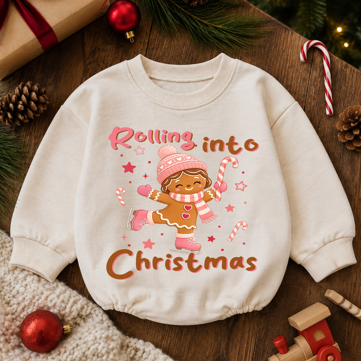 Rolling Into Christmas Baby Romper, Gingerbread Ice Skating Outfit, Pink Holiday Toddler Romper, Cute 1st Christmas Gift — product view 6
