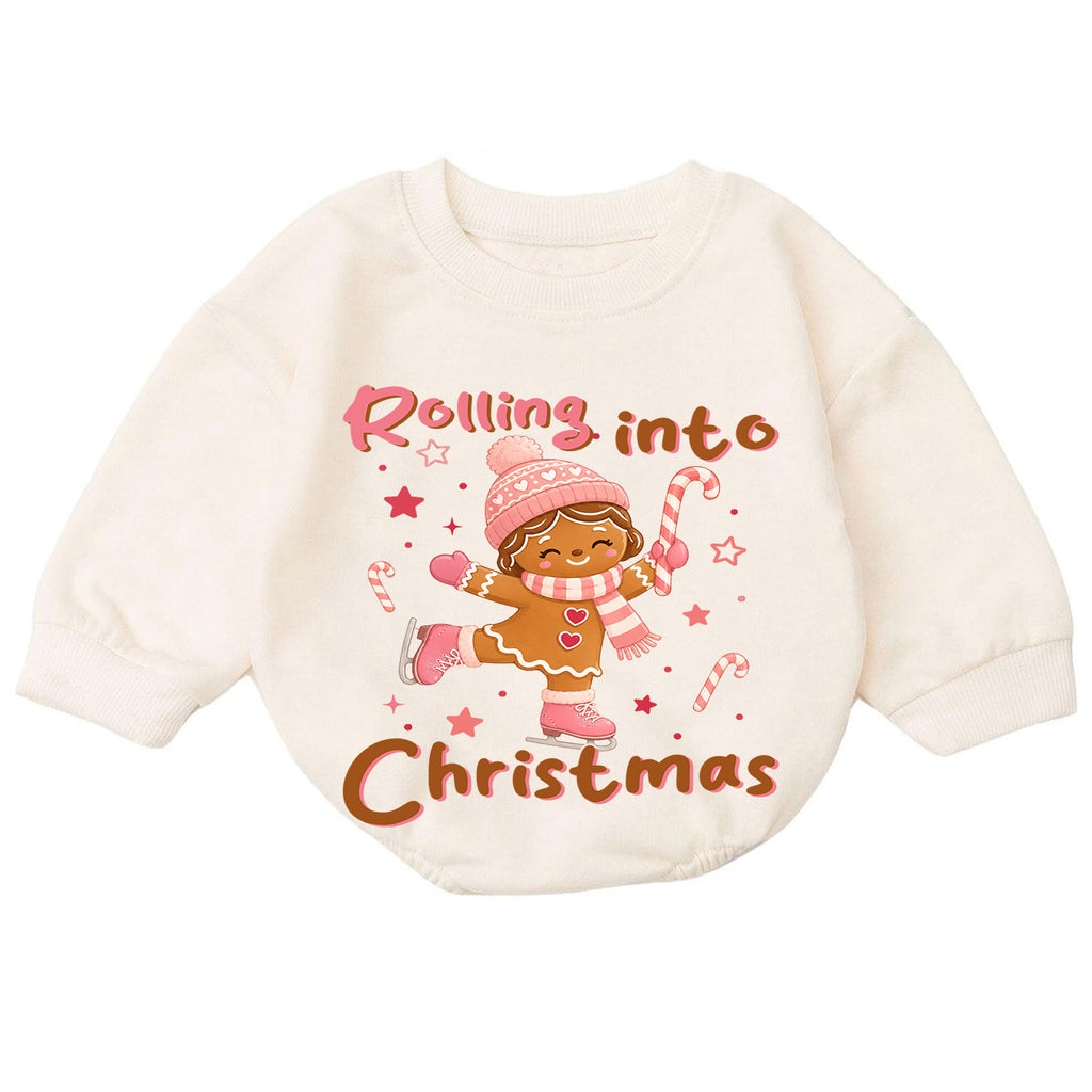 Rolling Into Christmas Baby Romper, Gingerbread Ice Skating Outfit, Pink Holiday Toddler Romper, Cute 1st Christmas Gift — product view 7