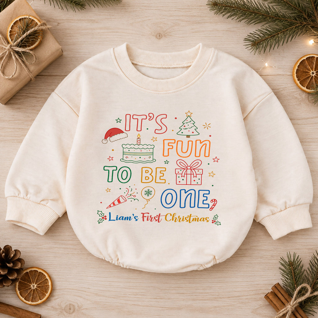My First Birthday Christmas Romper, Personalized Custom Name Fun to Be One Outfit, 1st Christmas Baby Keepsake, Holiday Birthday Gift — product view 1