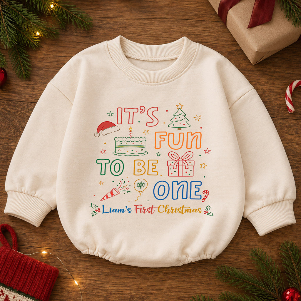 My First Birthday Christmas Romper, Personalized Custom Name Fun to Be One Outfit, 1st Christmas Baby Keepsake, Holiday Birthday Gift — product view 2