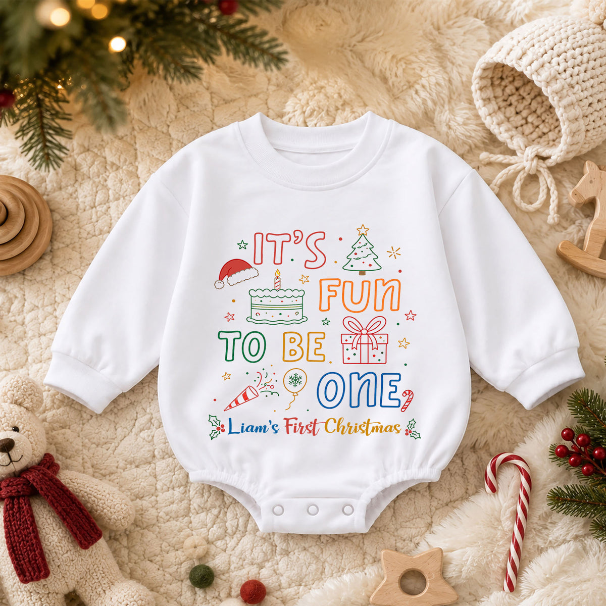 My First Birthday Christmas Romper, Personalized Custom Name Fun to Be One Outfit, 1st Christmas Baby Keepsake, Holiday Birthday Gift — product view 3