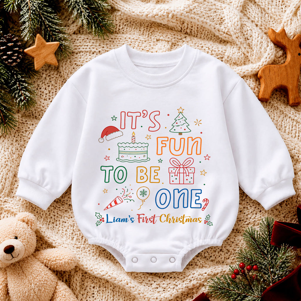 My First Birthday Christmas Romper, Personalized Custom Name Fun to Be One Outfit, 1st Christmas Baby Keepsake, Holiday Birthday Gift — product view 4