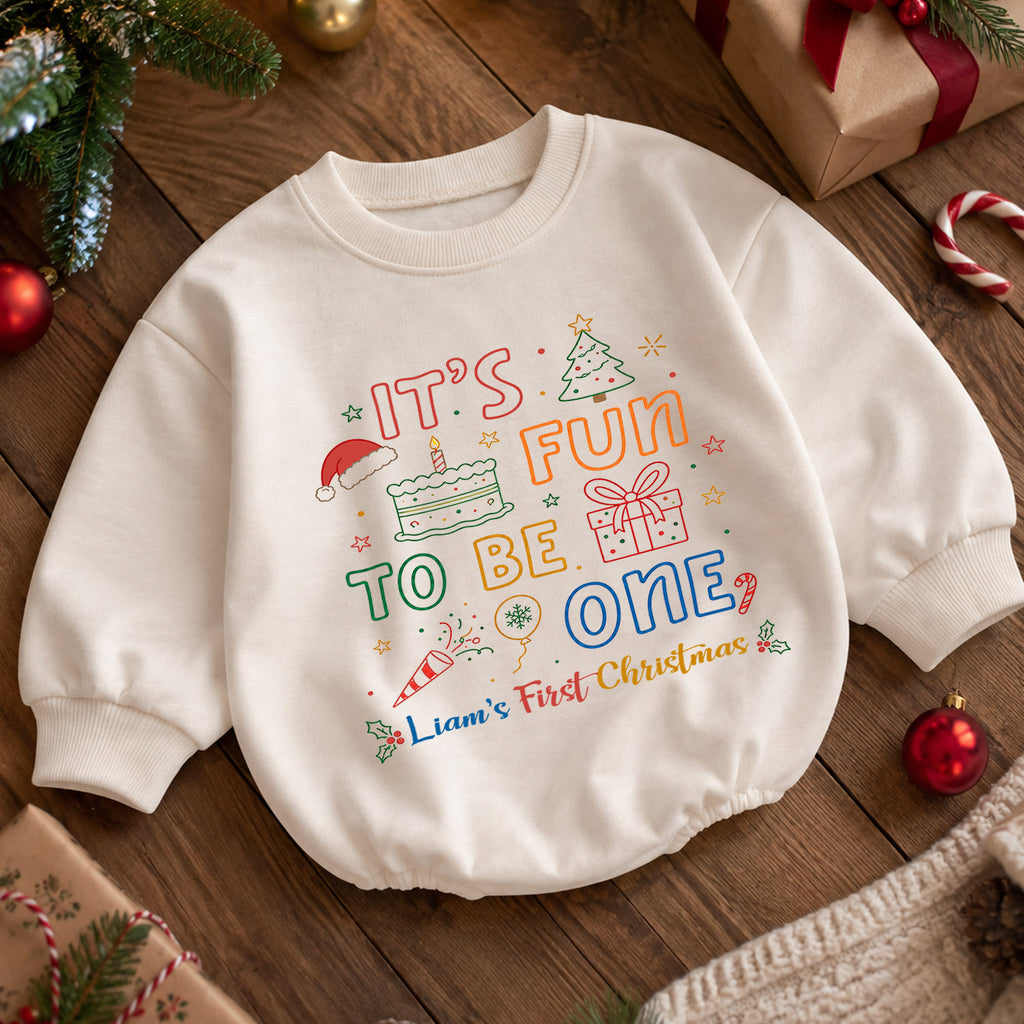My First Birthday Christmas Romper, Personalized Custom Name Fun to Be One Outfit, 1st Christmas Baby Keepsake, Holiday Birthday Gift — product view 5