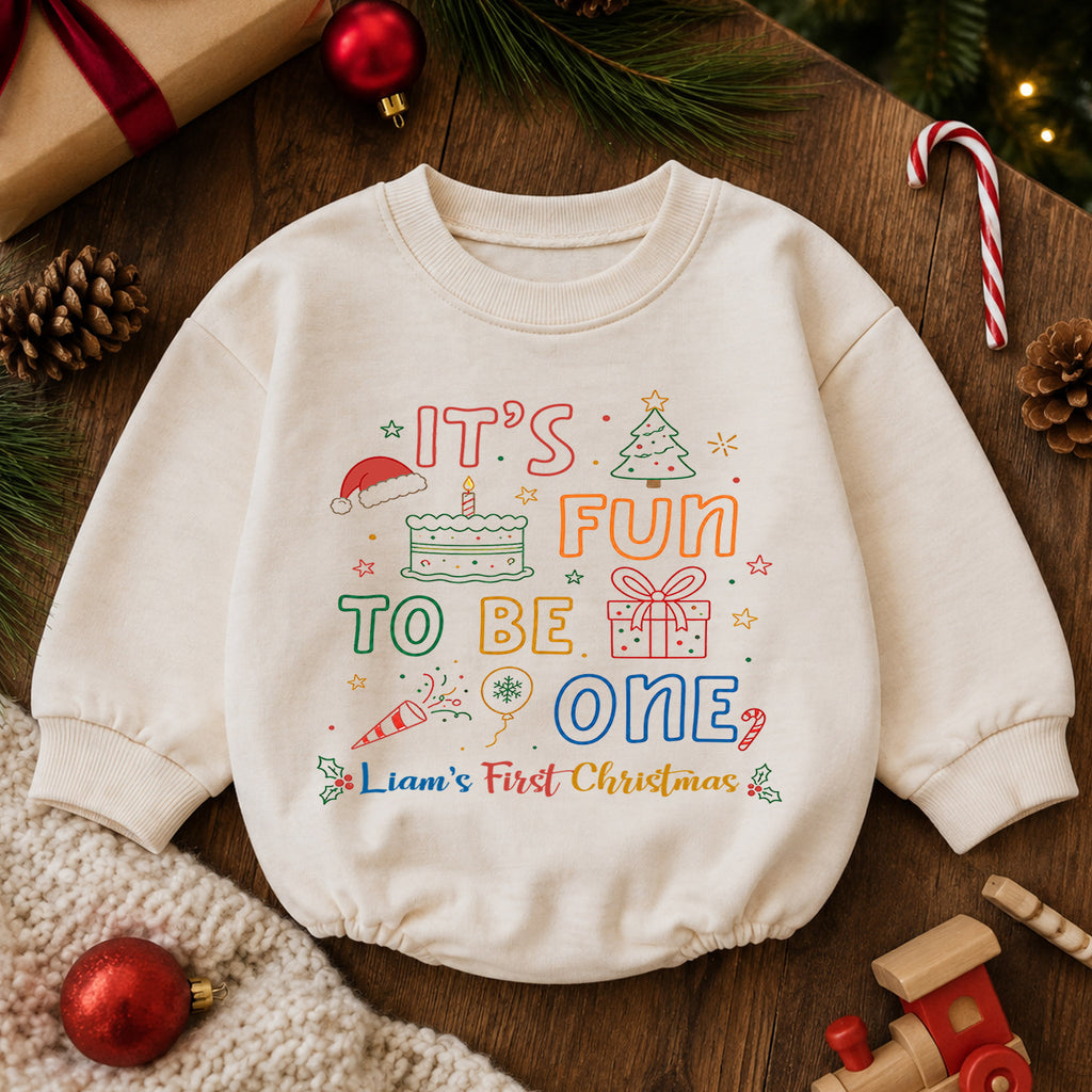 My First Birthday Christmas Romper, Personalized Custom Name Fun to Be One Outfit, 1st Christmas Baby Keepsake, Holiday Birthday Gift — product view 6