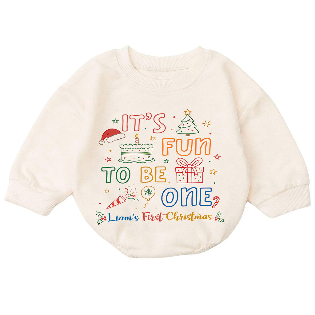 My First Birthday Christmas Romper, Personalized Custom Name Fun to Be One Outfit, 1st Christmas Baby Keepsake, Holiday Birthday Gift — product view 7