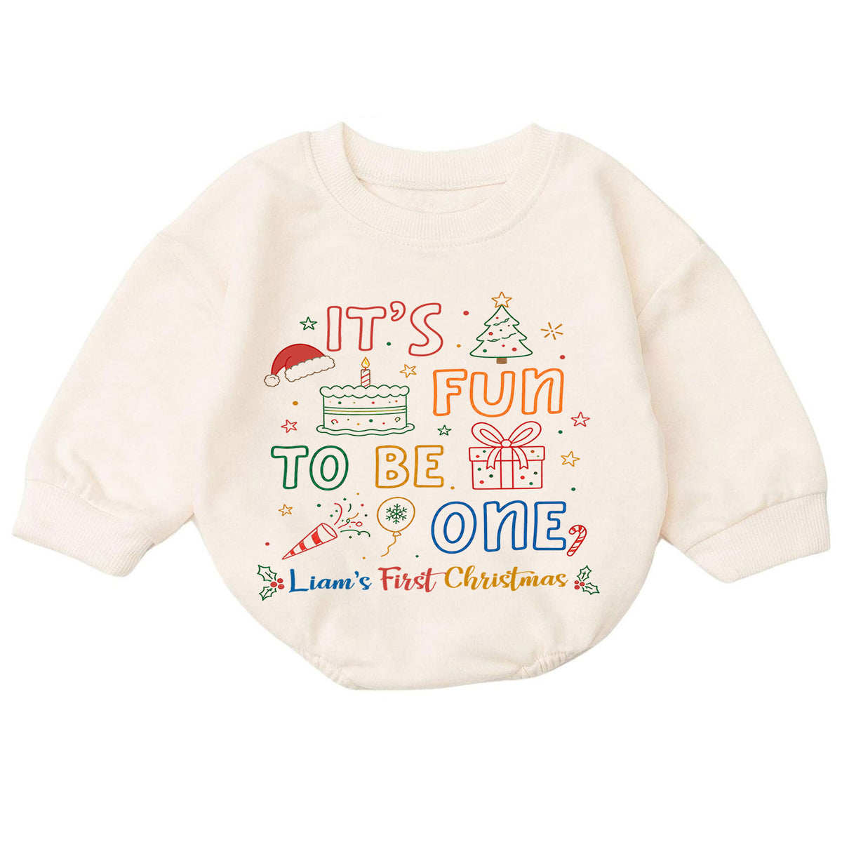 My First Birthday Christmas Romper, Personalized Custom Name Fun to Be One Outfit, 1st Christmas Baby Keepsake, Holiday Birthday Gift — product view 7
