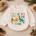 It's Fun to Be One Dinosaur Baby Romper, Christmas 1st Birthday Outfit, Dino Baby 1st Christmas Romper, Turning One Holiday Gift — product view 1