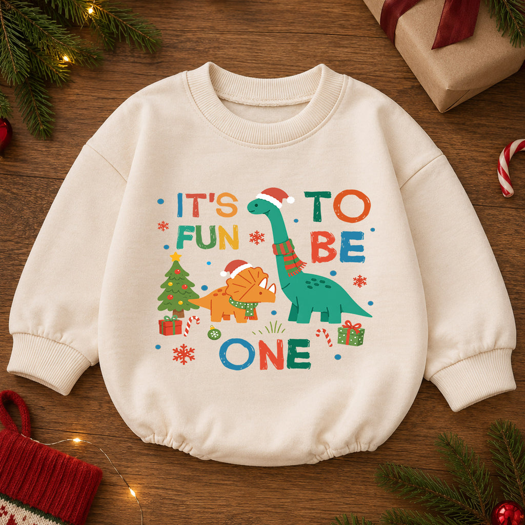 It's Fun to Be One Dinosaur Baby Romper, Christmas 1st Birthday Outfit, Dino Baby 1st Christmas Romper, Turning One Holiday Gift — product view 2