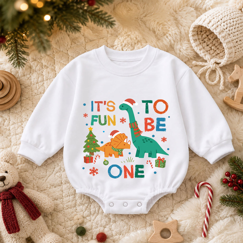 It's Fun to Be One Dinosaur Baby Romper, Christmas 1st Birthday Outfit, Dino Baby 1st Christmas Romper, Turning One Holiday Gift — product view 3