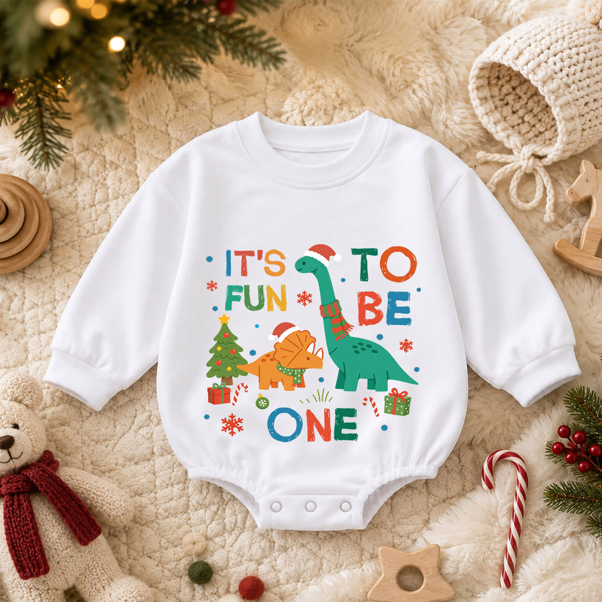 It's Fun to Be One Dinosaur Baby Romper, Christmas 1st Birthday Outfit, Dino Baby 1st Christmas Romper, Turning One Holiday Gift — product view 3