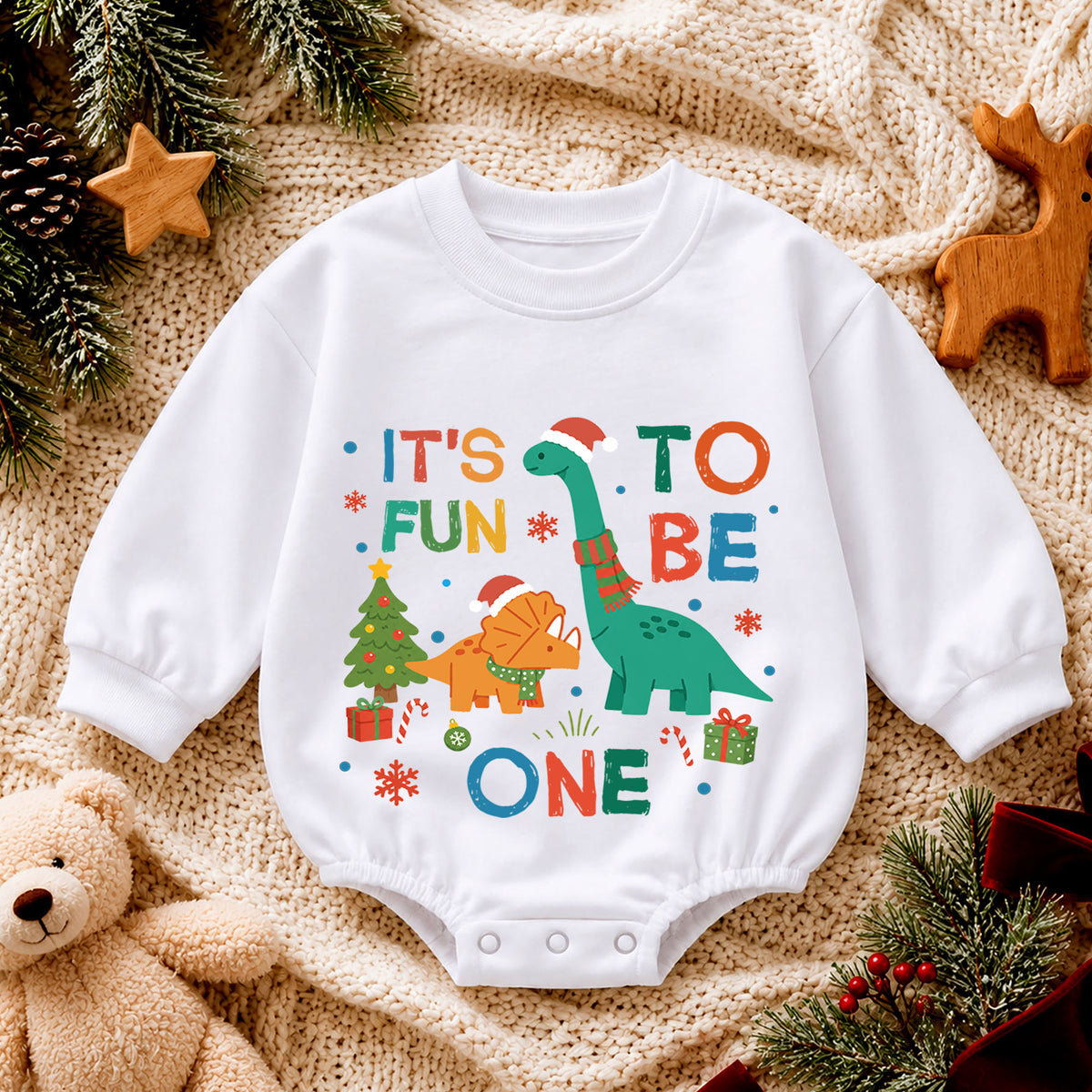 It's Fun to Be One Dinosaur Baby Romper, Christmas 1st Birthday Outfit, Dino Baby 1st Christmas Romper, Turning One Holiday Gift — product view 4
