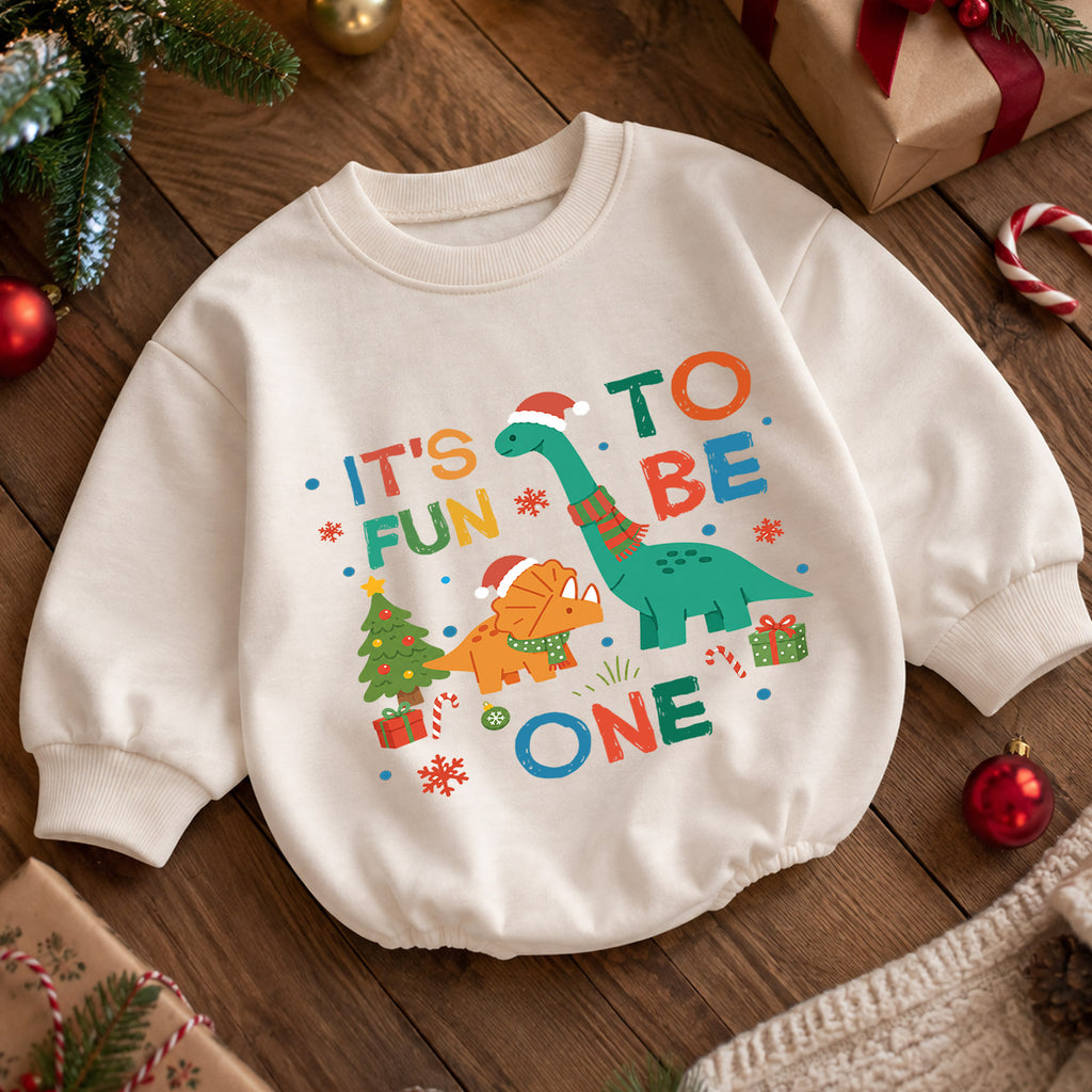 It's Fun to Be One Dinosaur Baby Romper, Christmas 1st Birthday Outfit, Dino Baby 1st Christmas Romper, Turning One Holiday Gift — product view 5