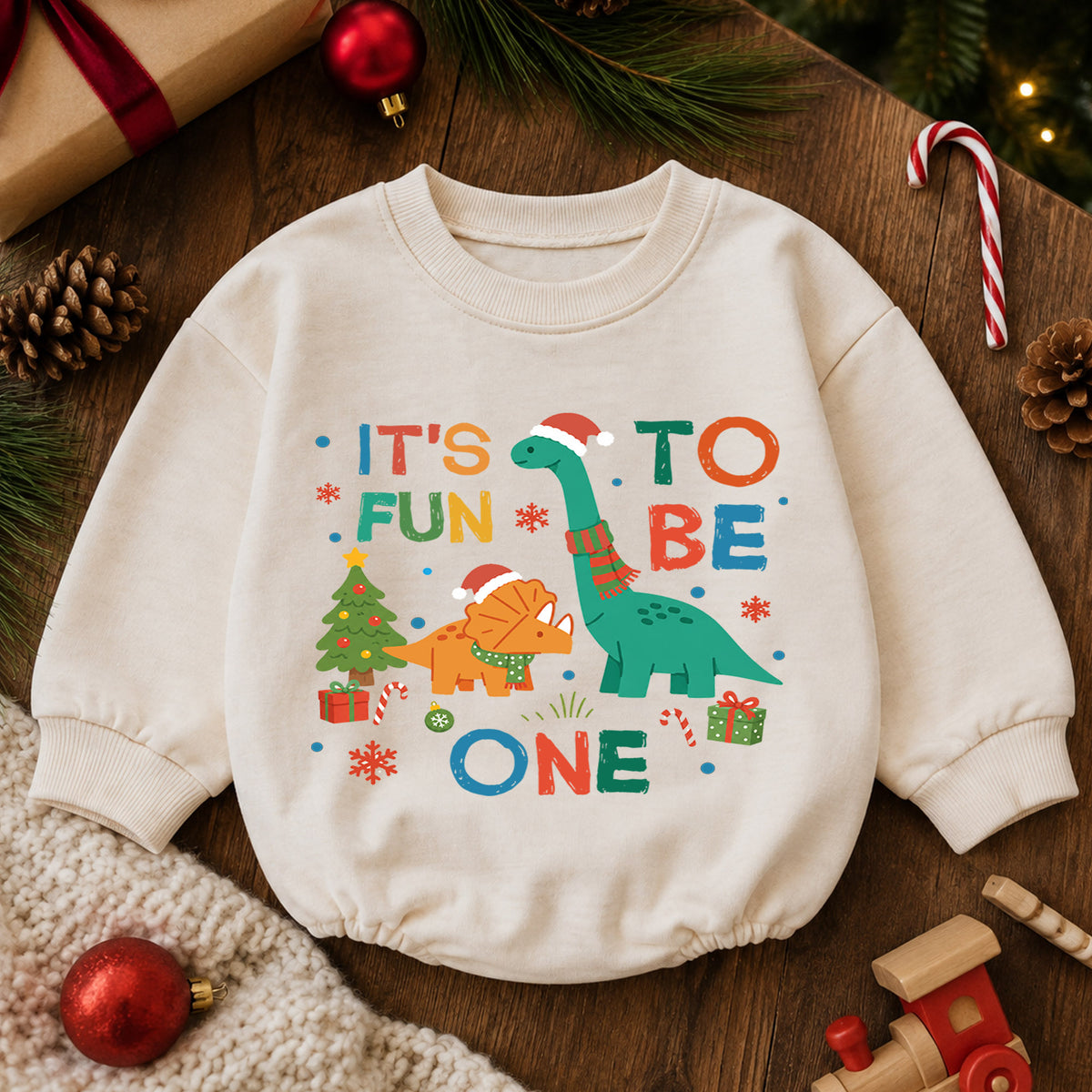 It's Fun to Be One Dinosaur Baby Romper, Christmas 1st Birthday Outfit, Dino Baby 1st Christmas Romper, Turning One Holiday Gift — product view 6