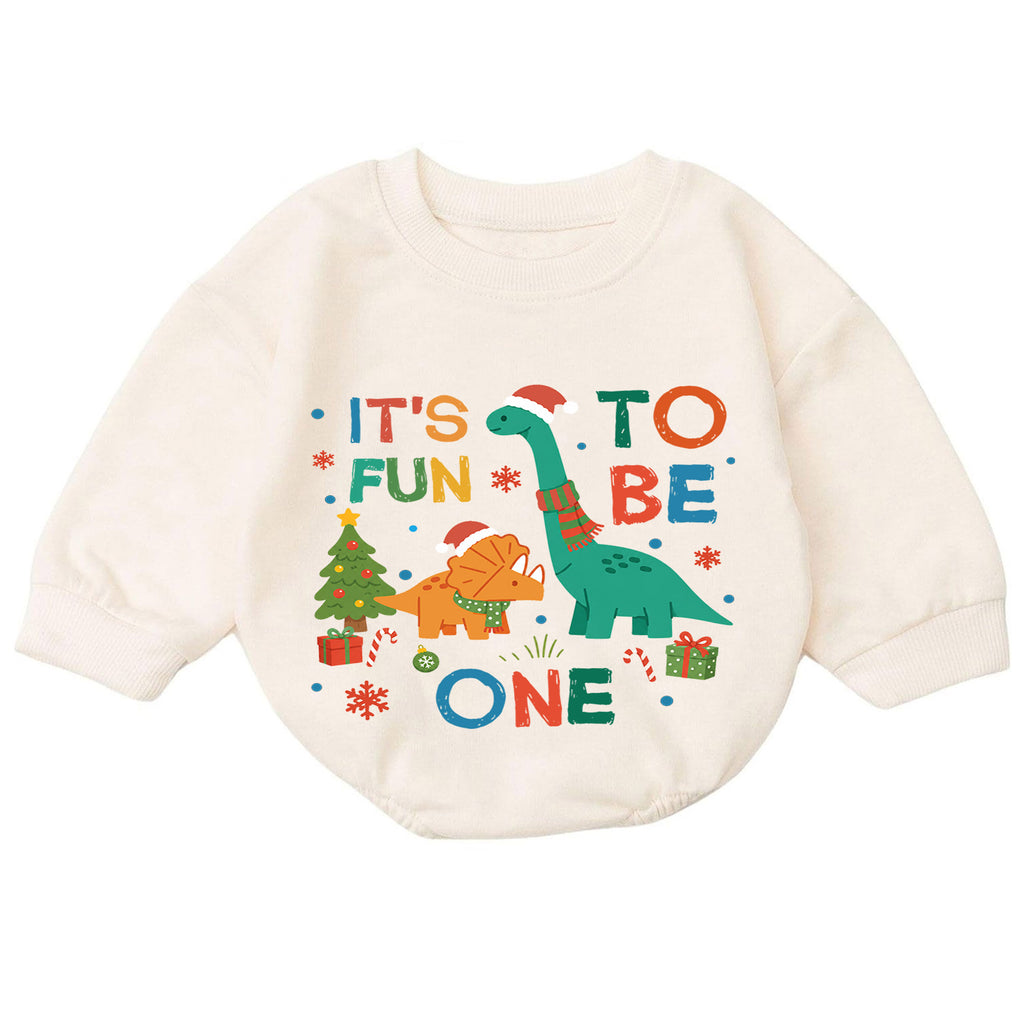 It's Fun to Be One Dinosaur Baby Romper, Christmas 1st Birthday Outfit, Dino Baby 1st Christmas Romper, Turning One Holiday Gift — product view 7