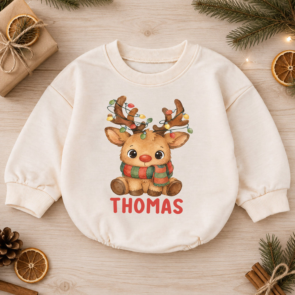 Custom Name Reindeer Christmas Baby Romper, Personalized Watercolor Holiday Outfit, 1st Christmas Keepsake Gift for Baby — product view 1