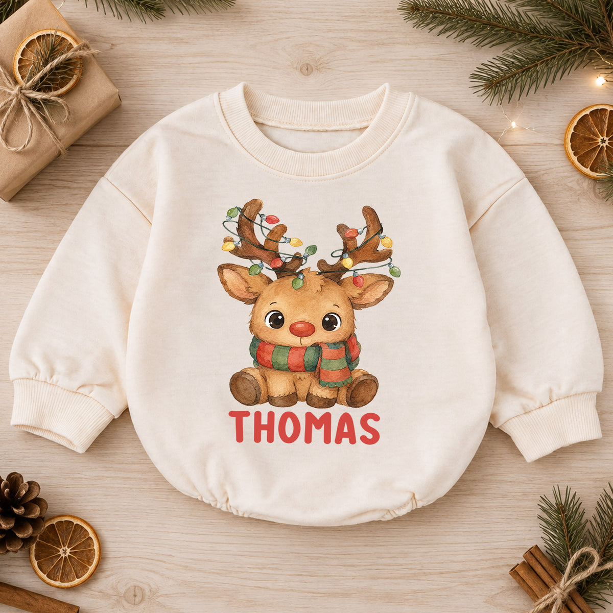 Custom Name Reindeer Christmas Baby Romper, Personalized Watercolor Holiday Outfit, 1st Christmas Keepsake Gift for Baby — product view 1
