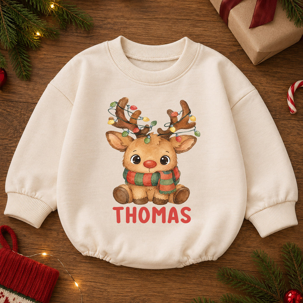 Custom Name Reindeer Christmas Baby Romper, Personalized Watercolor Holiday Outfit, 1st Christmas Keepsake Gift for Baby — product view 2