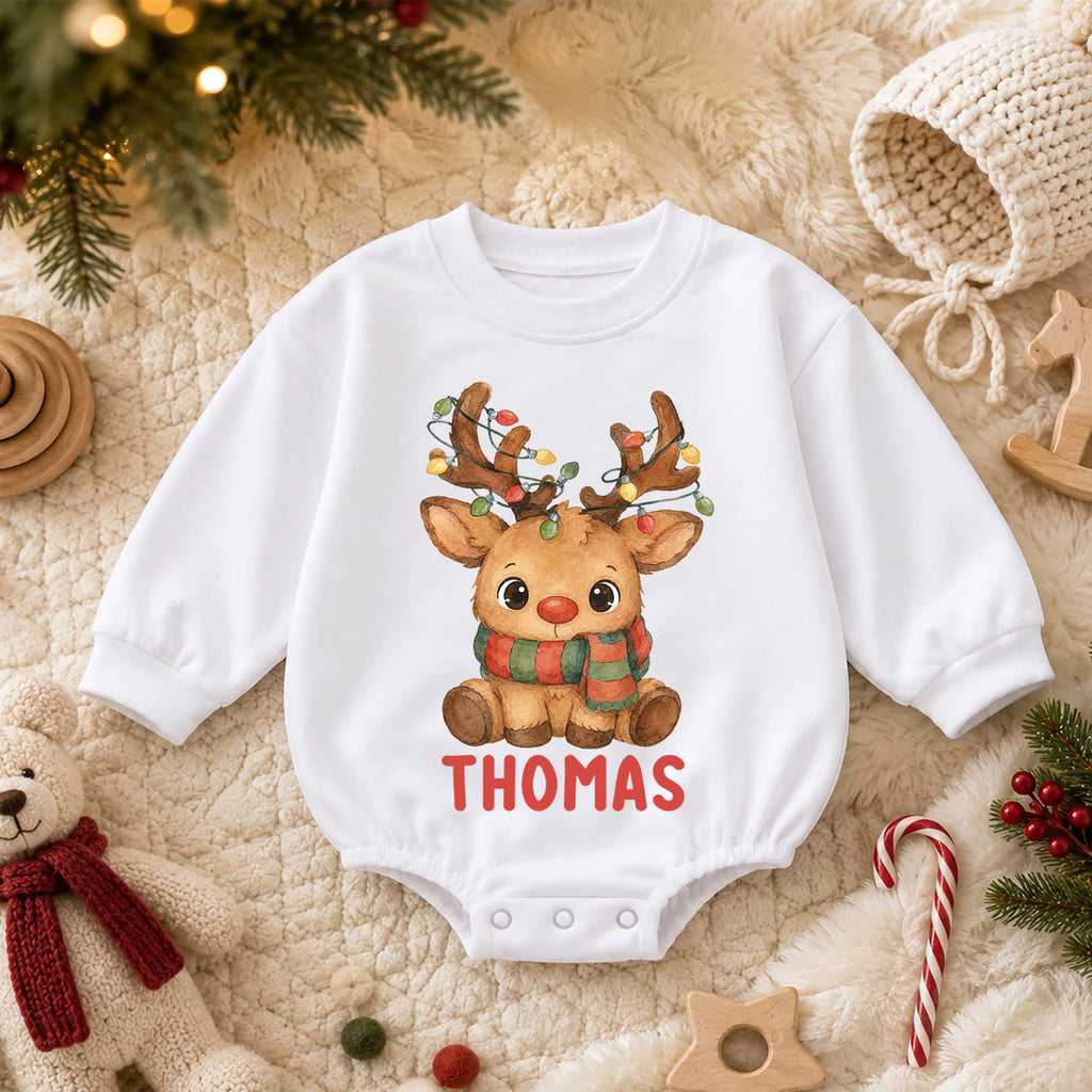 Custom Name Reindeer Christmas Baby Romper, Personalized Watercolor Holiday Outfit, 1st Christmas Keepsake Gift for Baby — product view 3