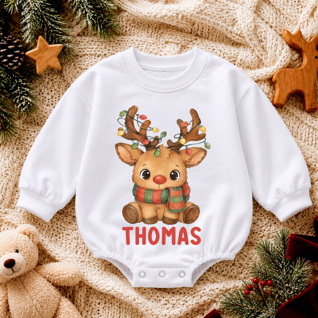 Custom Name Reindeer Christmas Baby Romper, Personalized Watercolor Holiday Outfit, 1st Christmas Keepsake Gift for Baby — product view 4