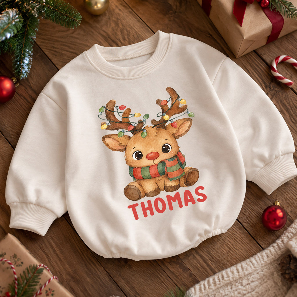 Custom Name Reindeer Christmas Baby Romper, Personalized Watercolor Holiday Outfit, 1st Christmas Keepsake Gift for Baby — product view 5