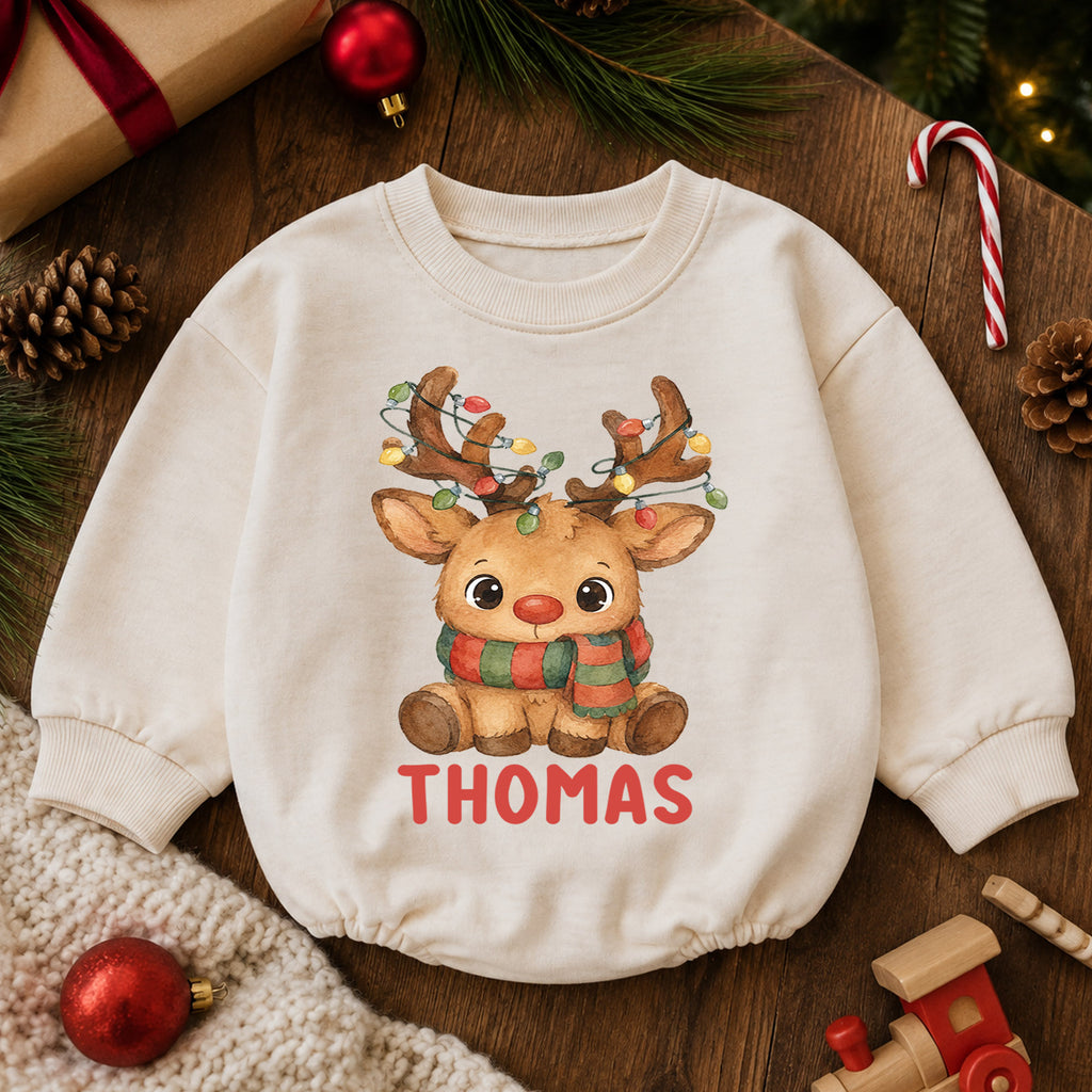 Custom Name Reindeer Christmas Baby Romper, Personalized Watercolor Holiday Outfit, 1st Christmas Keepsake Gift for Baby — product view 6
