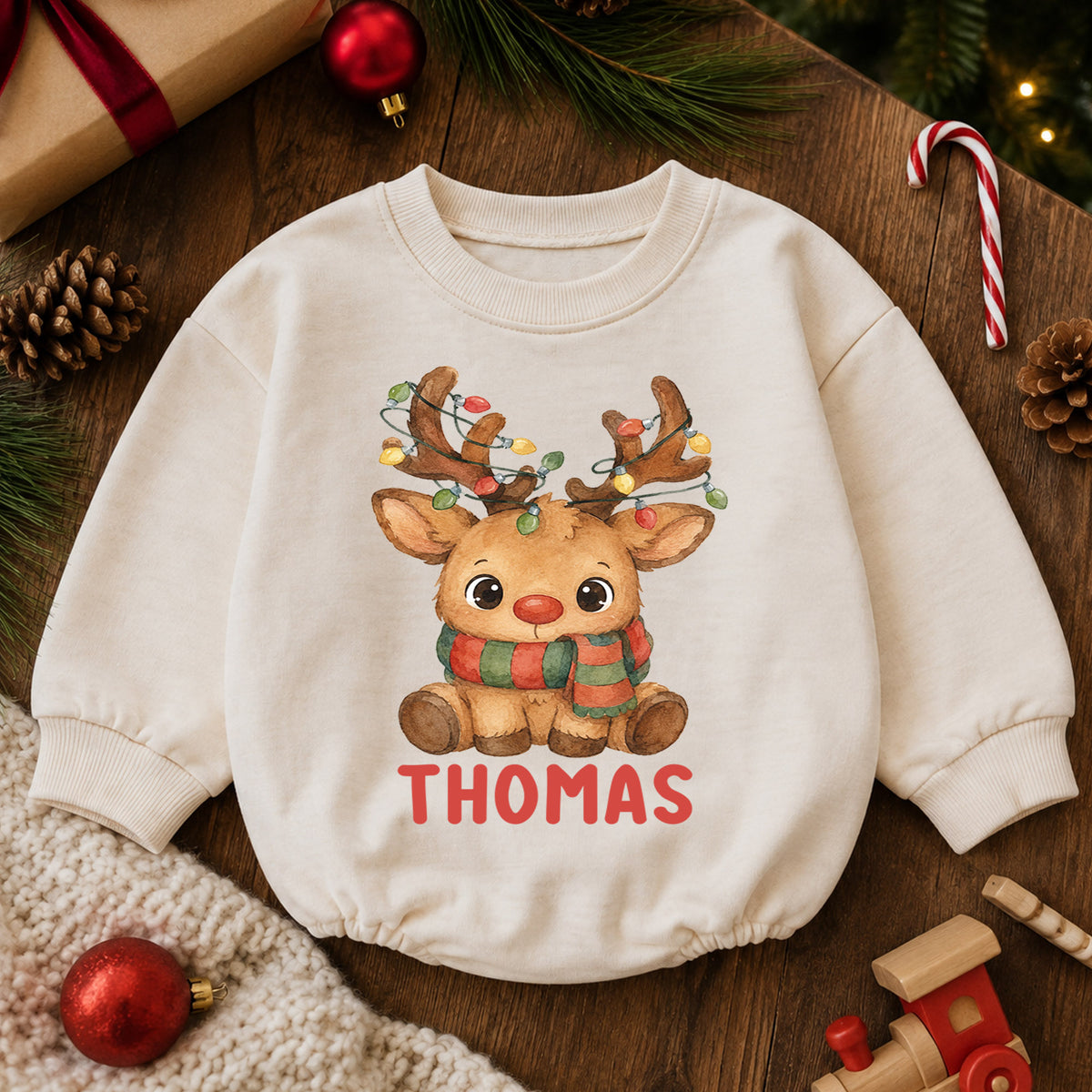 Custom Name Reindeer Christmas Baby Romper, Personalized Watercolor Holiday Outfit, 1st Christmas Keepsake Gift for Baby — product view 6