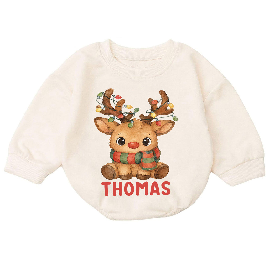 Custom Name Reindeer Christmas Baby Romper, Personalized Watercolor Holiday Outfit, 1st Christmas Keepsake Gift for Baby — product view 7
