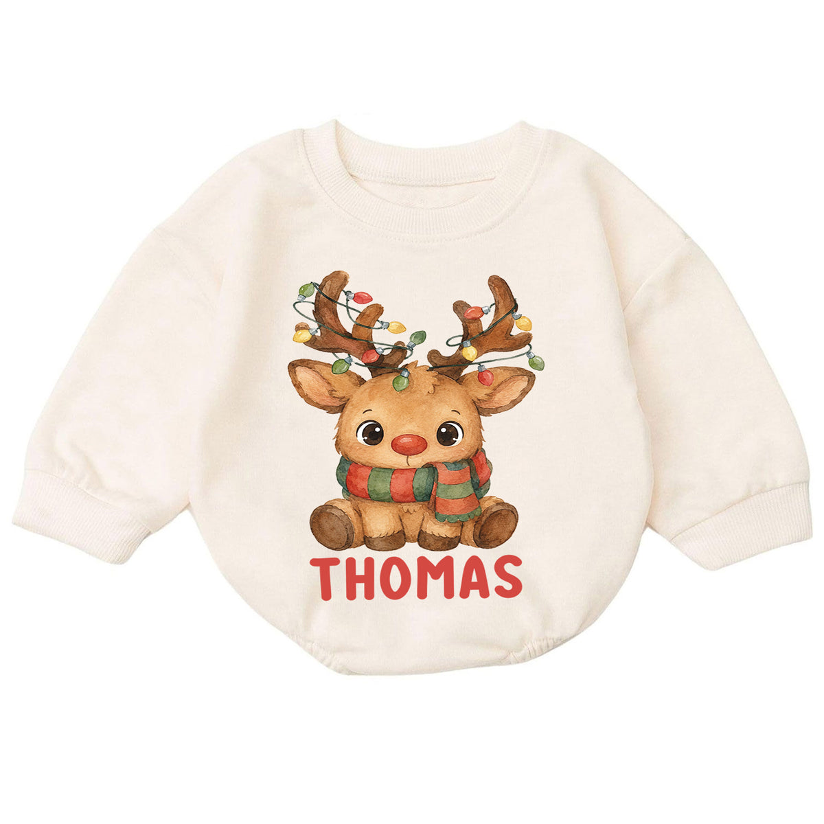 Custom Name Reindeer Christmas Baby Romper, Personalized Watercolor Holiday Outfit, 1st Christmas Keepsake Gift for Baby — product view 7