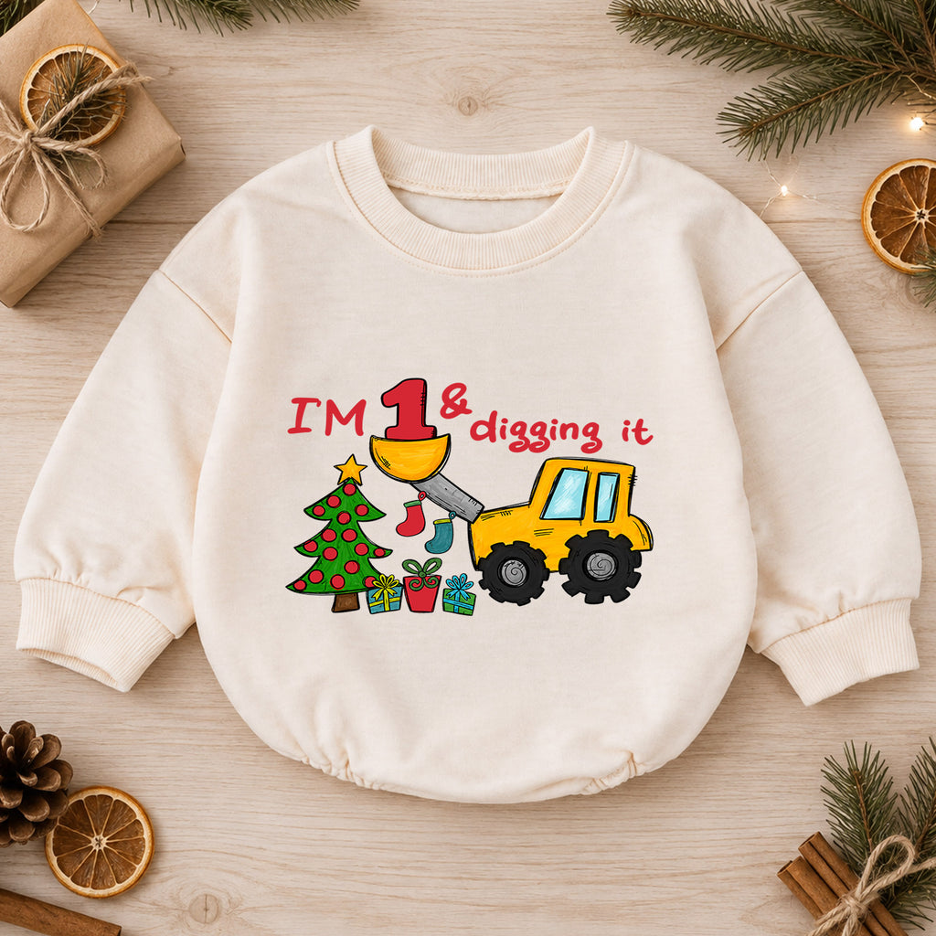 Construction 1st Birthday Christmas Baby Romper, I'm One and Digging It Loader Outfit, Toddler Holiday Romper, Gift for Boy — product view 1