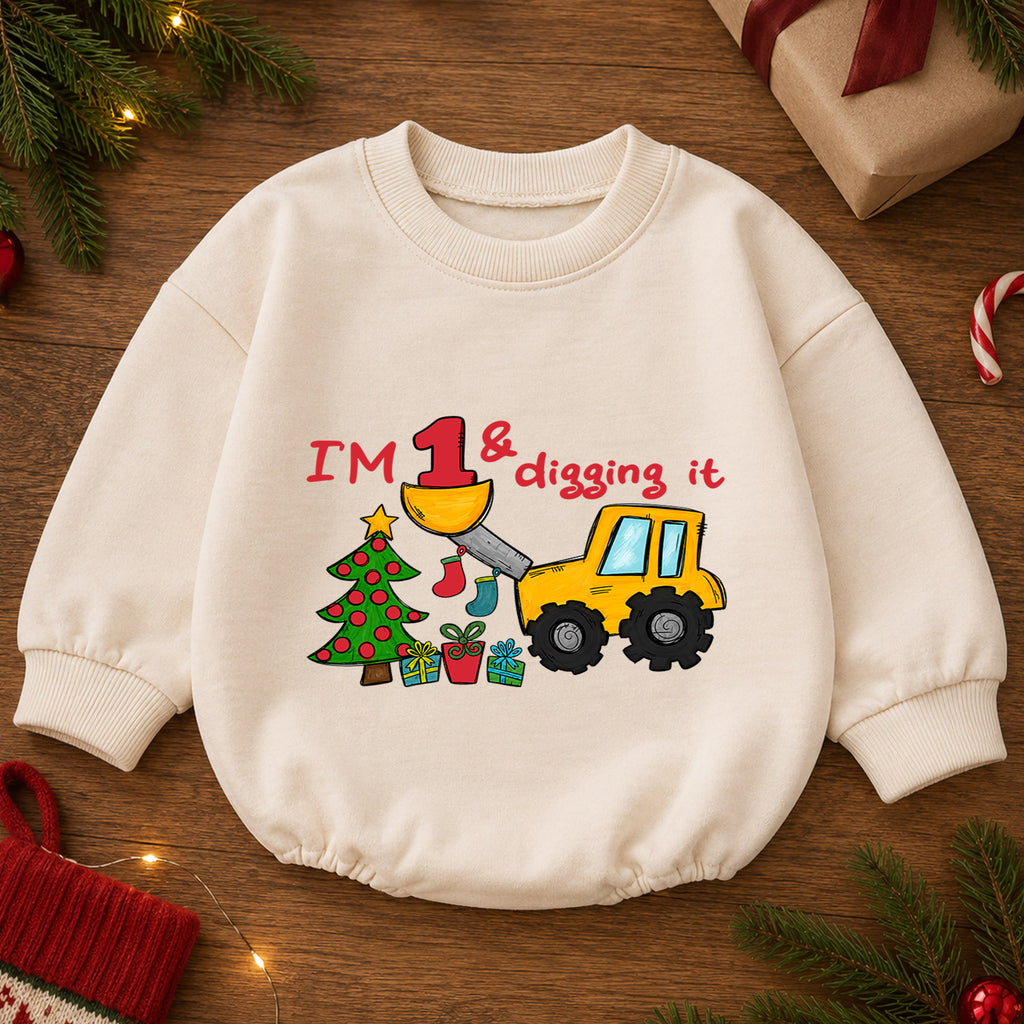 Construction 1st Birthday Christmas Baby Romper, I'm One and Digging It Loader Outfit, Toddler Holiday Romper, Gift for Boy — product view 2