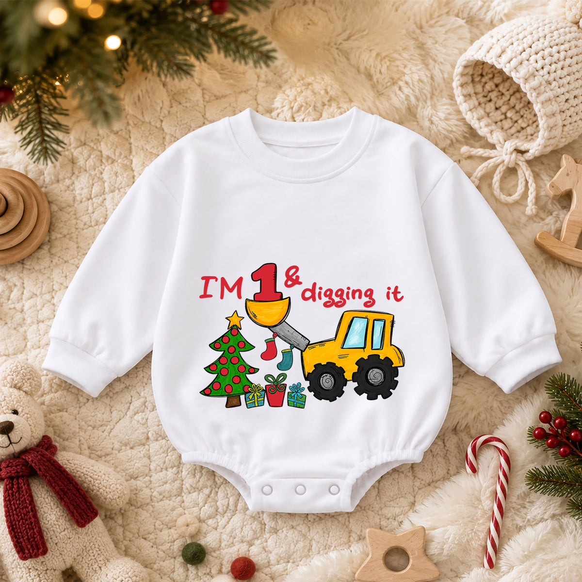 Construction 1st Birthday Christmas Baby Romper, I'm One and Digging It Loader Outfit, Toddler Holiday Romper, Gift for Boy — product view 3