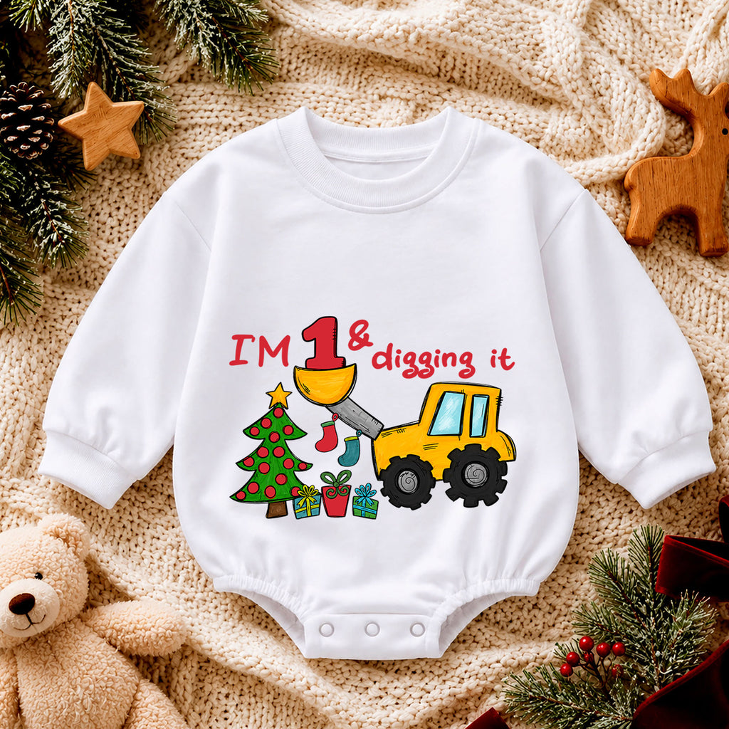 Construction 1st Birthday Christmas Baby Romper, I'm One and Digging It Loader Outfit, Toddler Holiday Romper, Gift for Boy — product view 4