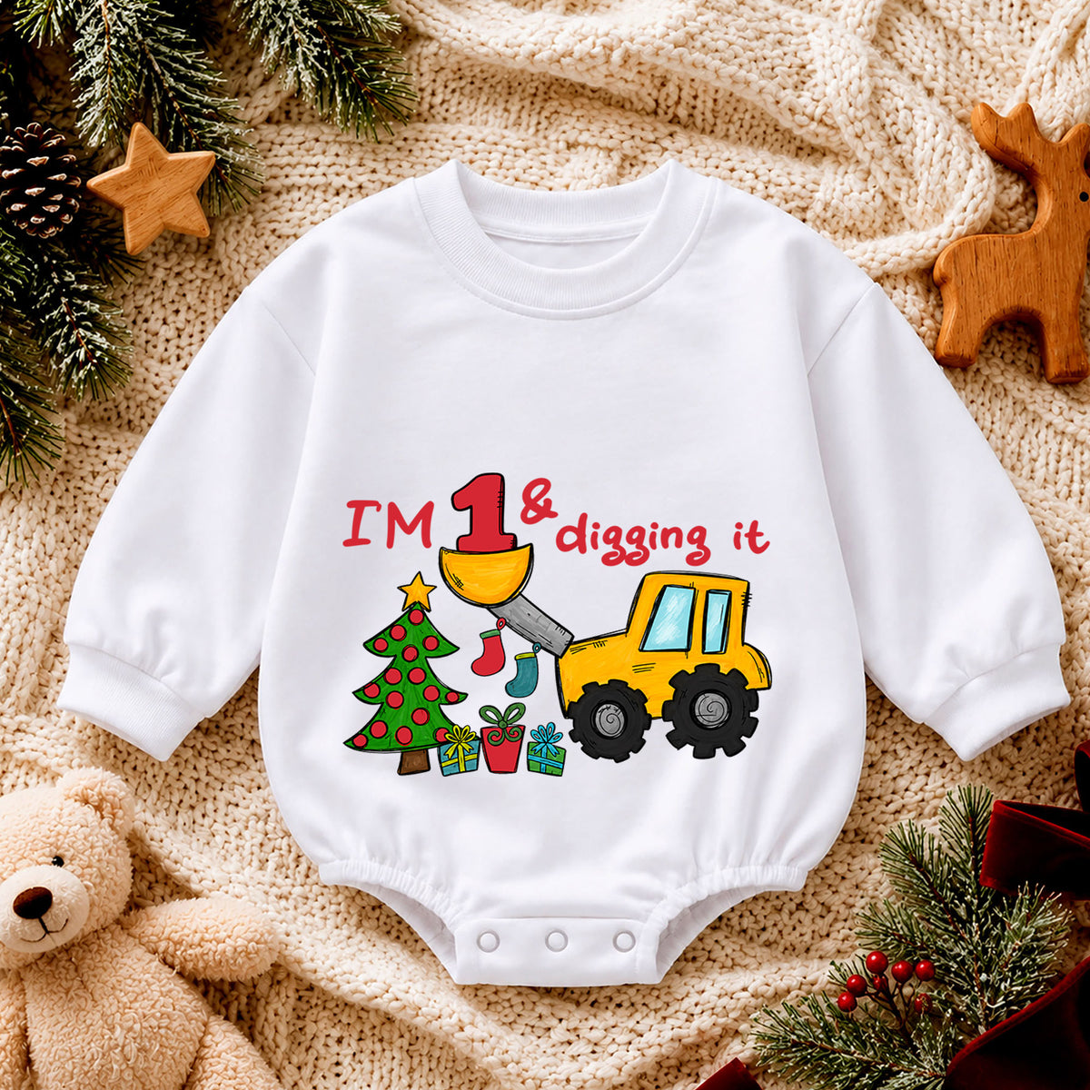 Construction 1st Birthday Christmas Baby Romper, I'm One and Digging It Loader Outfit, Toddler Holiday Romper, Gift for Boy — product view 4