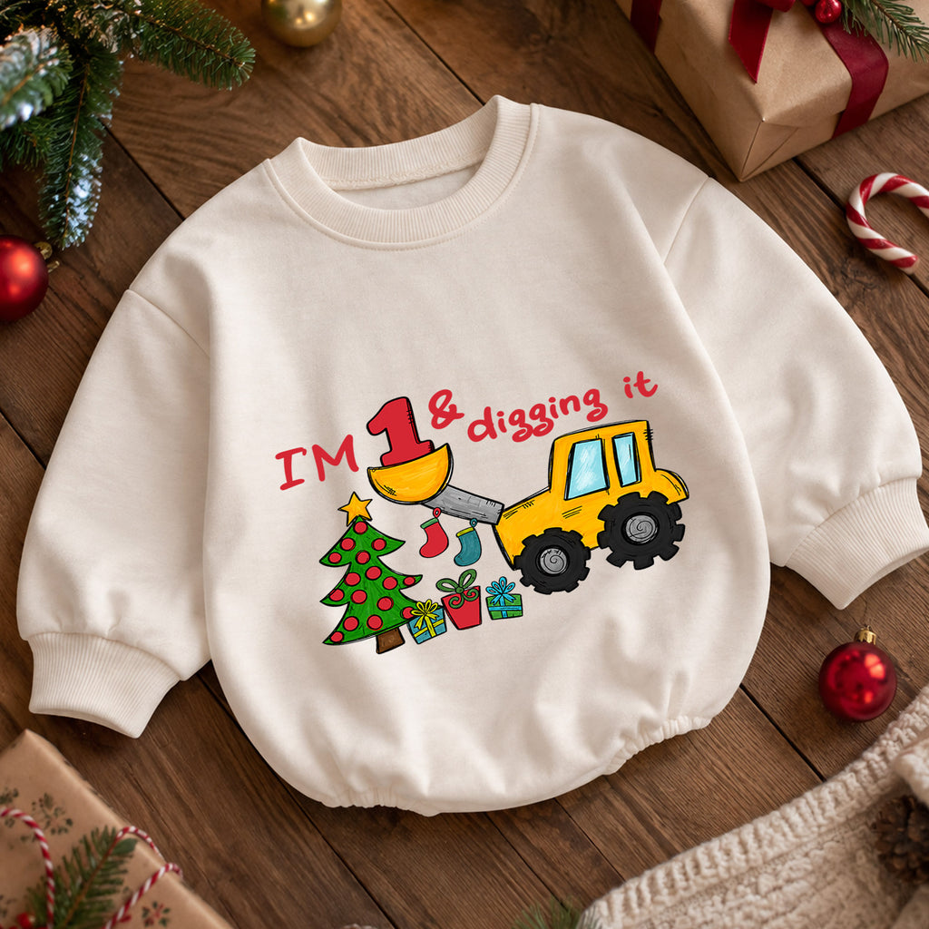 Construction 1st Birthday Christmas Baby Romper, I'm One and Digging It Loader Outfit, Toddler Holiday Romper, Gift for Boy — product view 5