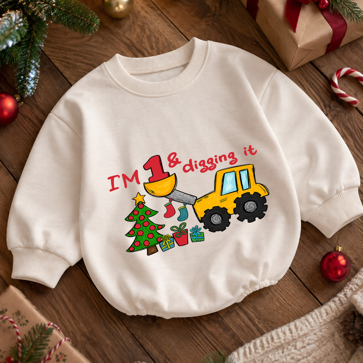 Construction 1st Birthday Christmas Baby Romper, I'm One and Digging It Loader Outfit, Toddler Holiday Romper, Gift for Boy — product view 5