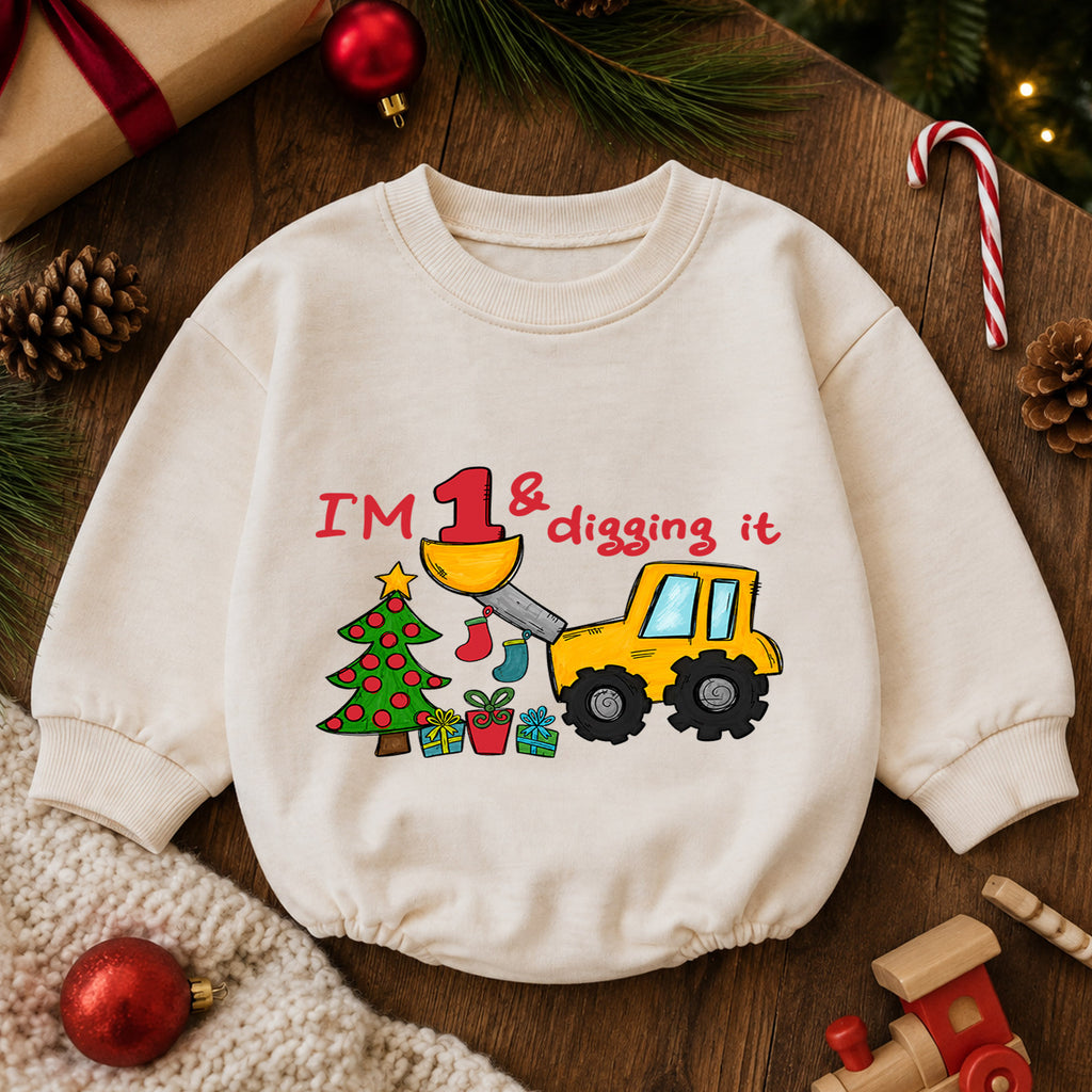 Construction 1st Birthday Christmas Baby Romper, I'm One and Digging It Loader Outfit, Toddler Holiday Romper, Gift for Boy — product view 6