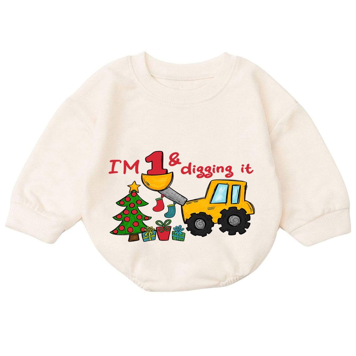 Construction 1st Birthday Christmas Baby Romper, I'm One and Digging It Loader Outfit, Toddler Holiday Romper, Gift for Boy — product view 7