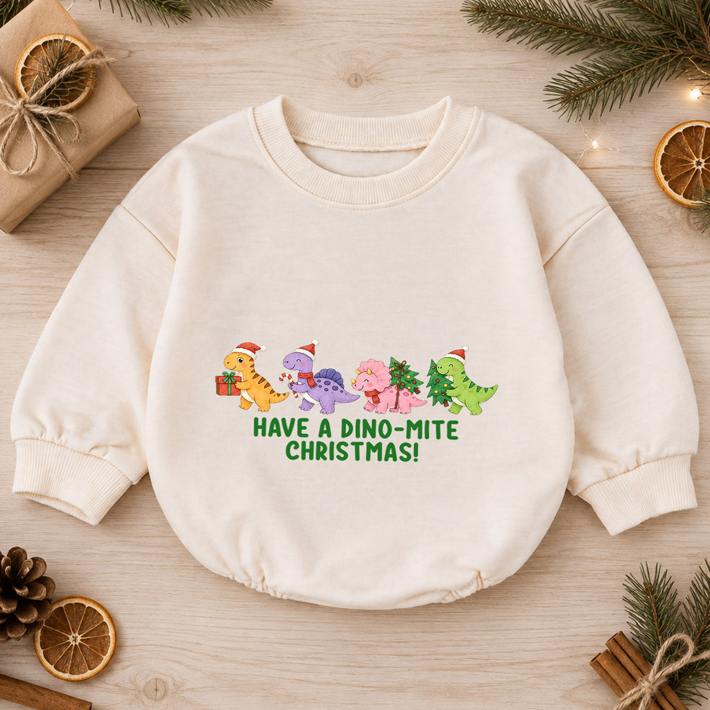 Have a Dino-Mite Christmas Baby Romper, Cute Dinosaur Holiday Outfit, Toddler Xmas Clothes, Christmas Dino Gift — product view 1