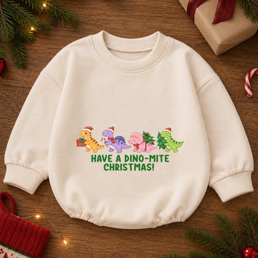 Have a Dino-Mite Christmas Baby Romper, Cute Dinosaur Holiday Outfit, Toddler Xmas Clothes, Christmas Dino Gift — product view 2