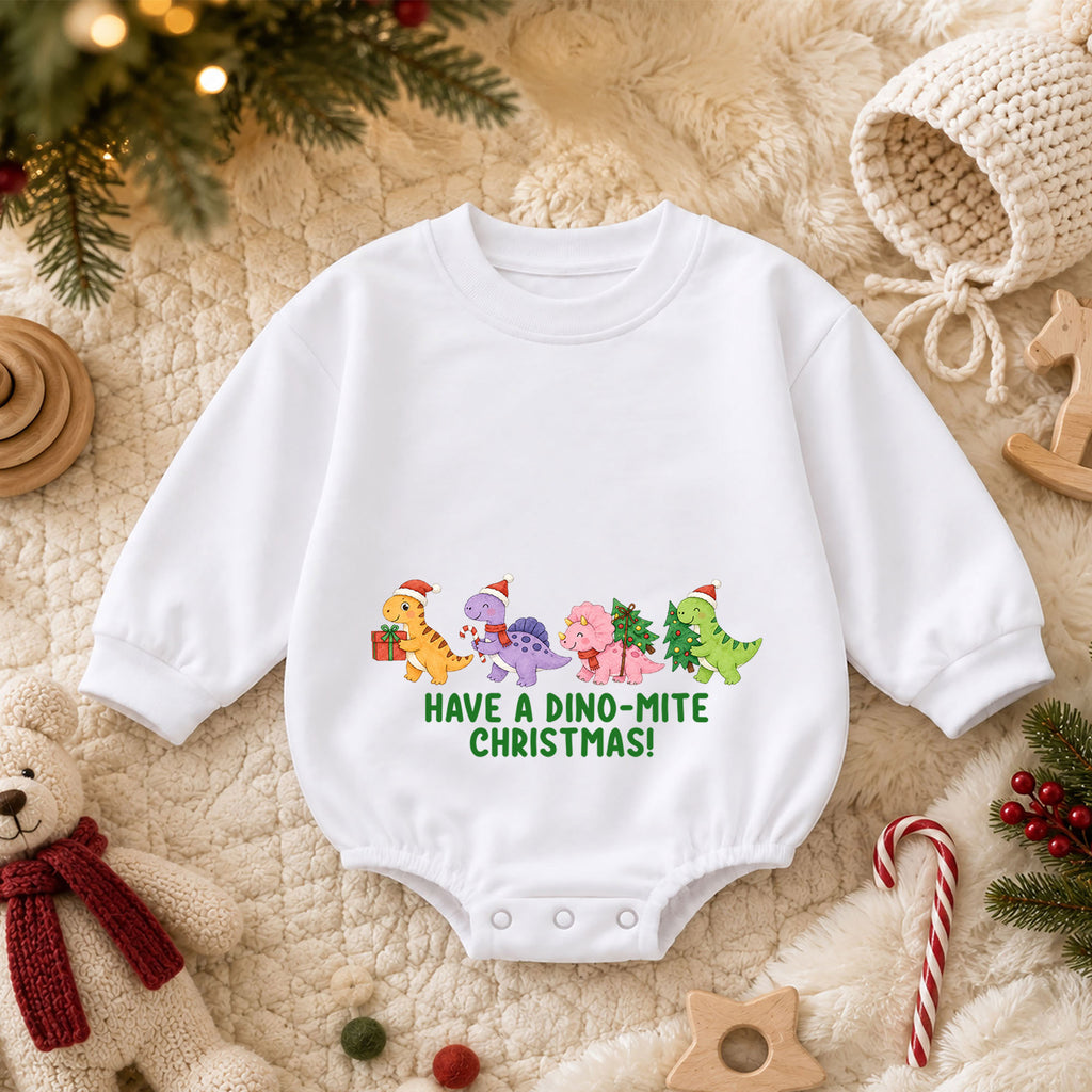 Have a Dino-Mite Christmas Baby Romper, Cute Dinosaur Holiday Outfit, Toddler Xmas Clothes, Christmas Dino Gift — product view 3