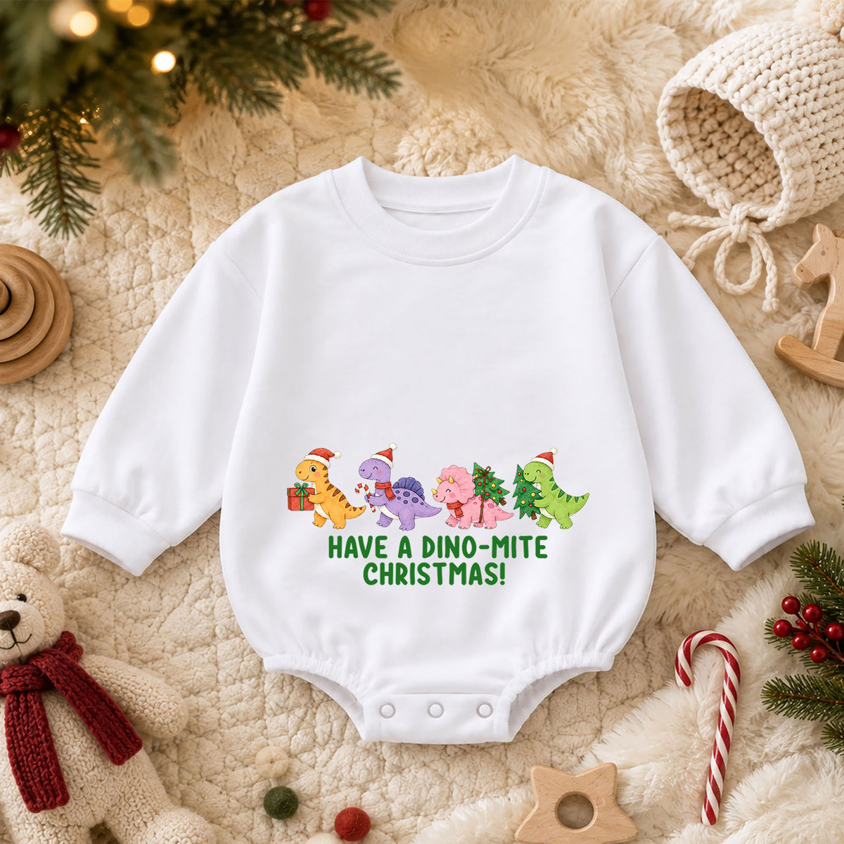 Have a Dino-Mite Christmas Baby Romper, Cute Dinosaur Holiday Outfit, Toddler Xmas Clothes, Christmas Dino Gift — product view 3
