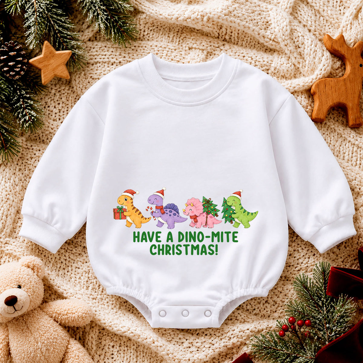 Have a Dino-Mite Christmas Baby Romper, Cute Dinosaur Holiday Outfit, Toddler Xmas Clothes, Christmas Dino Gift — product view 4