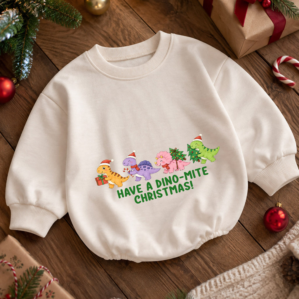 Have a Dino-Mite Christmas Baby Romper, Cute Dinosaur Holiday Outfit, Toddler Xmas Clothes, Christmas Dino Gift — product view 5