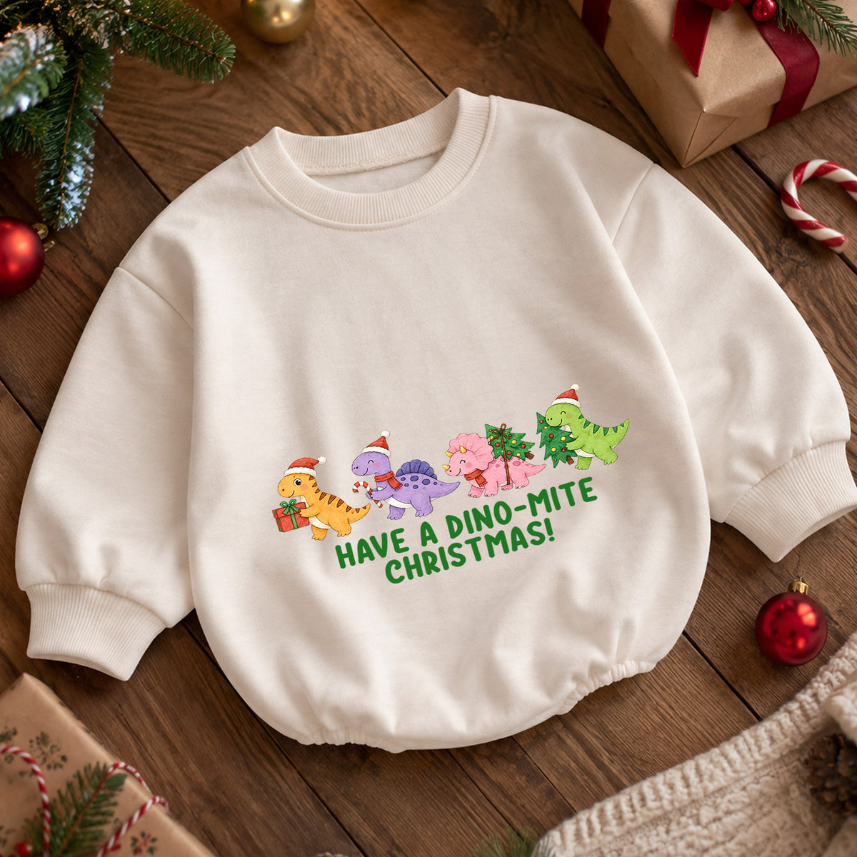 Have a Dino-Mite Christmas Baby Romper, Cute Dinosaur Holiday Outfit, Toddler Xmas Clothes, Christmas Dino Gift — product view 5