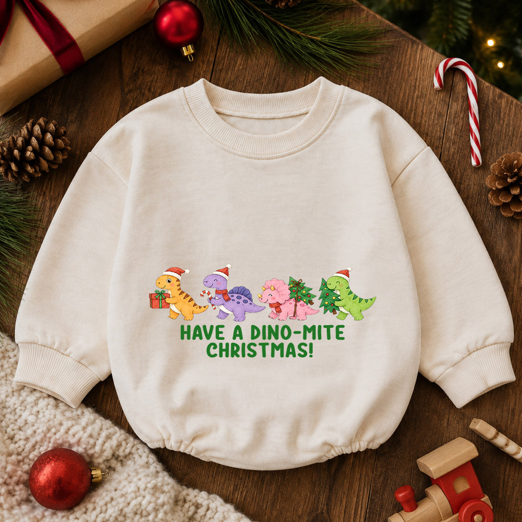 Have a Dino-Mite Christmas Baby Romper, Cute Dinosaur Holiday Outfit, Toddler Xmas Clothes, Christmas Dino Gift — product view 6