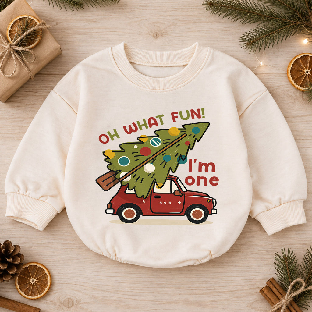 Christmas 1st Birthday Baby Romper, Oh What Fun I'm One Car Outfit, Christmas Tree Toddler Romper, Cute 1st Christmas Gift — product view 1