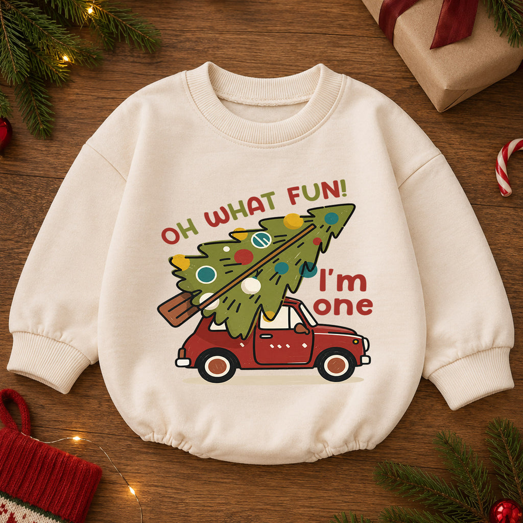 Christmas 1st Birthday Baby Romper, Oh What Fun I'm One Car Outfit, Christmas Tree Toddler Romper, Cute 1st Christmas Gift — product view 2