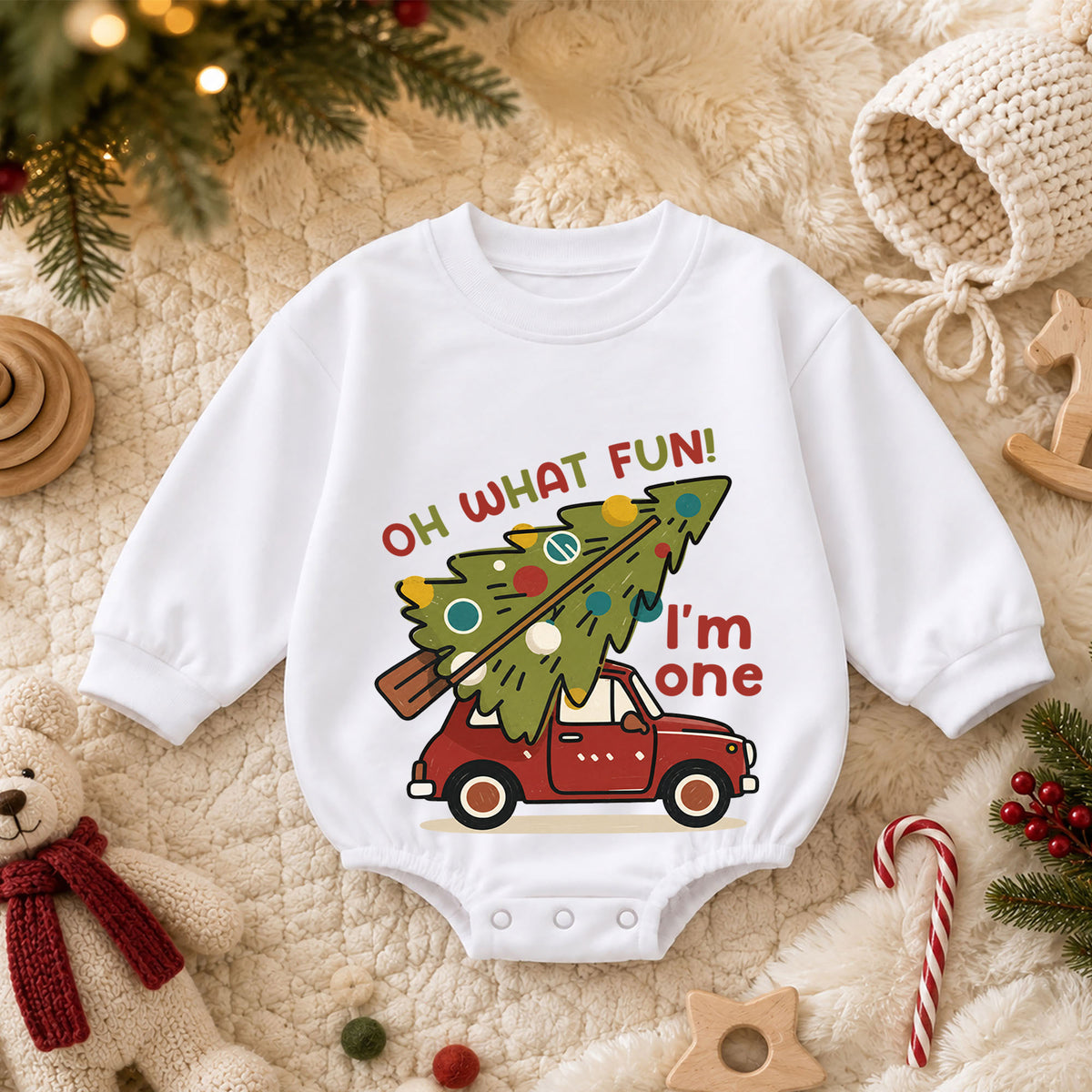 Christmas 1st Birthday Baby Romper, Oh What Fun I'm One Car Outfit, Christmas Tree Toddler Romper, Cute 1st Christmas Gift — product view 3
