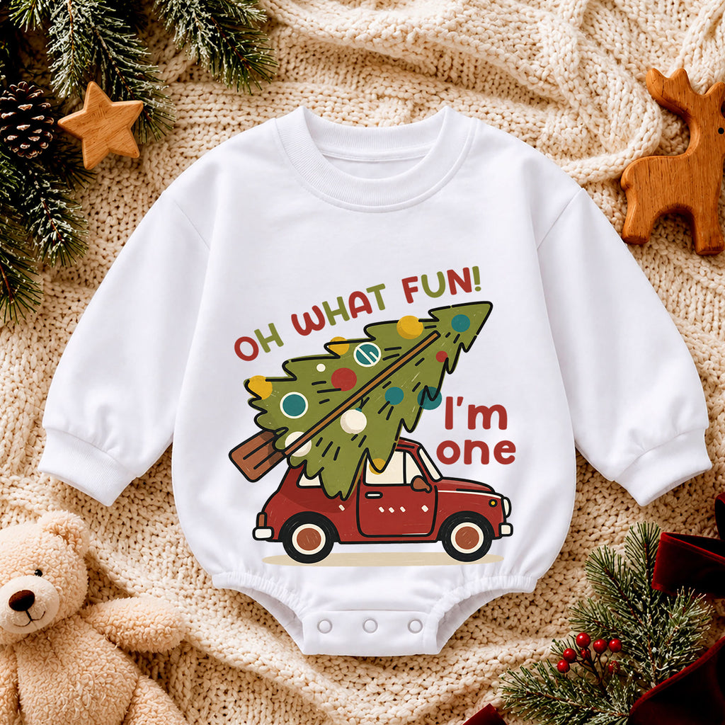 Christmas 1st Birthday Baby Romper, Oh What Fun I'm One Car Outfit, Christmas Tree Toddler Romper, Cute 1st Christmas Gift — product view 4