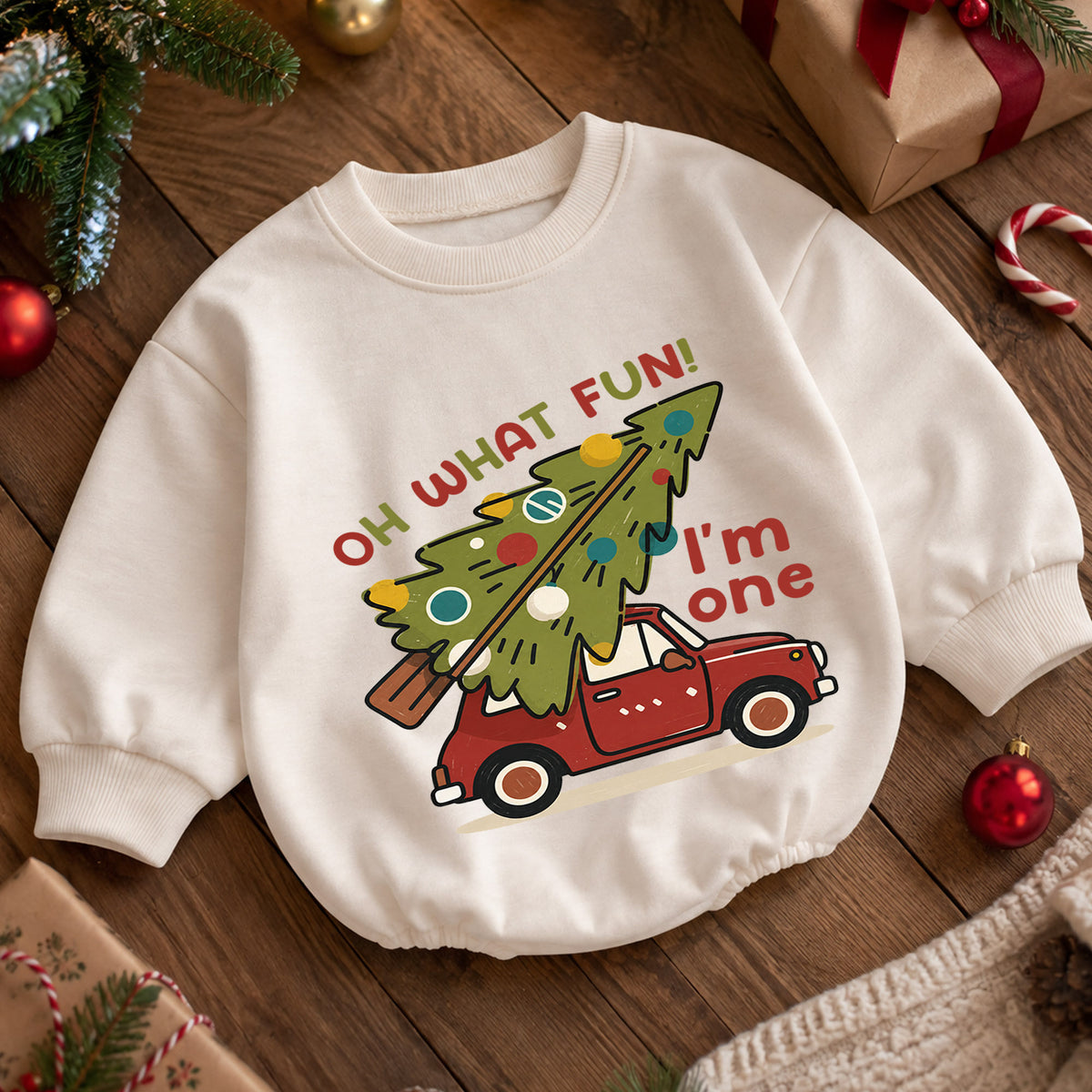 Christmas 1st Birthday Baby Romper, Oh What Fun I'm One Car Outfit, Christmas Tree Toddler Romper, Cute 1st Christmas Gift — product view 5